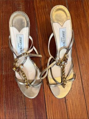 Jimmy Choo Metallic Gold Jeweled Strappy Sandals